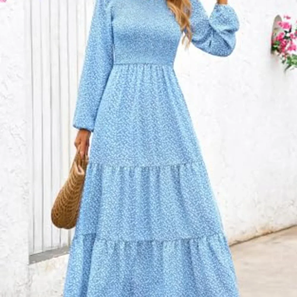 Flowy Floral Maxi Dress Smocked Tiered Long Sleeve Spring Boho Chic - Picture 5 of 8